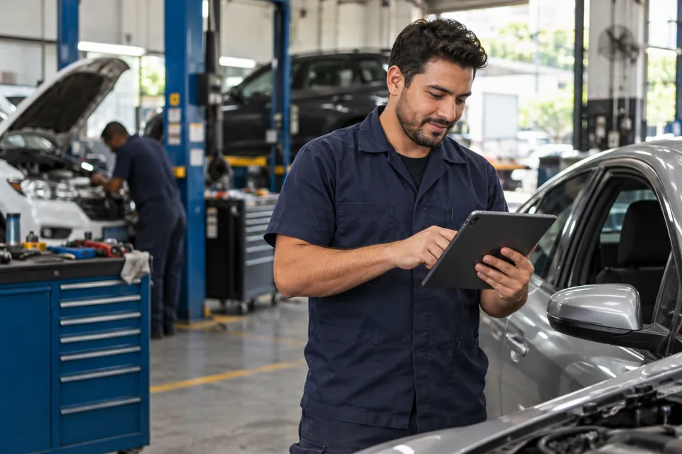 Profissional de uma oficina consultando um orçamento no tablet ao lado de um carro
